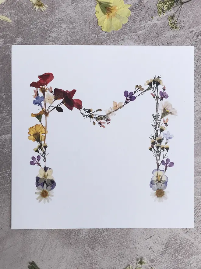 Pressed Wildflower Letter Print, a wildflower alphabet letter print sitting on a wooden surface. 