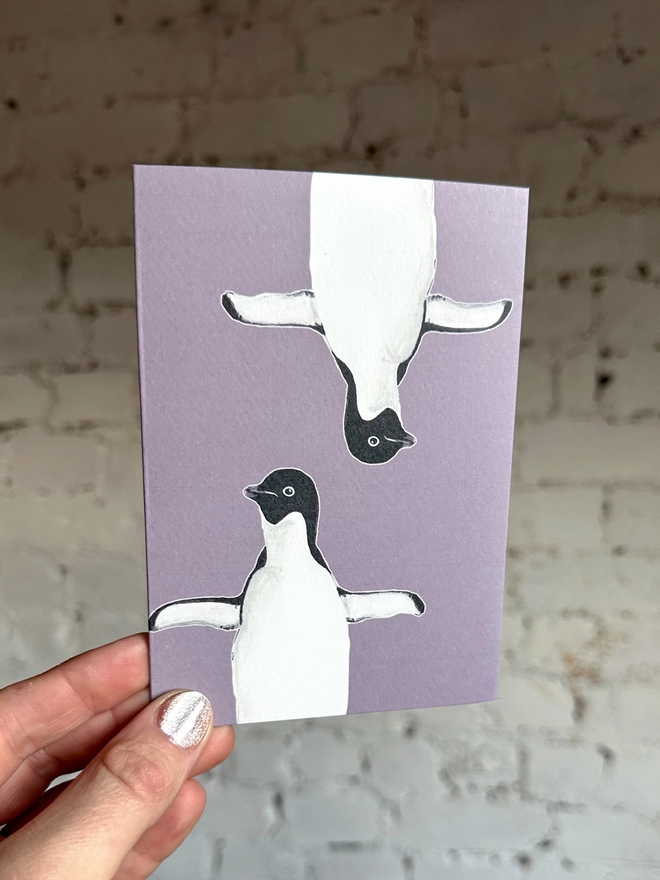 a purple greetings card featuring two illustrations of a penguin