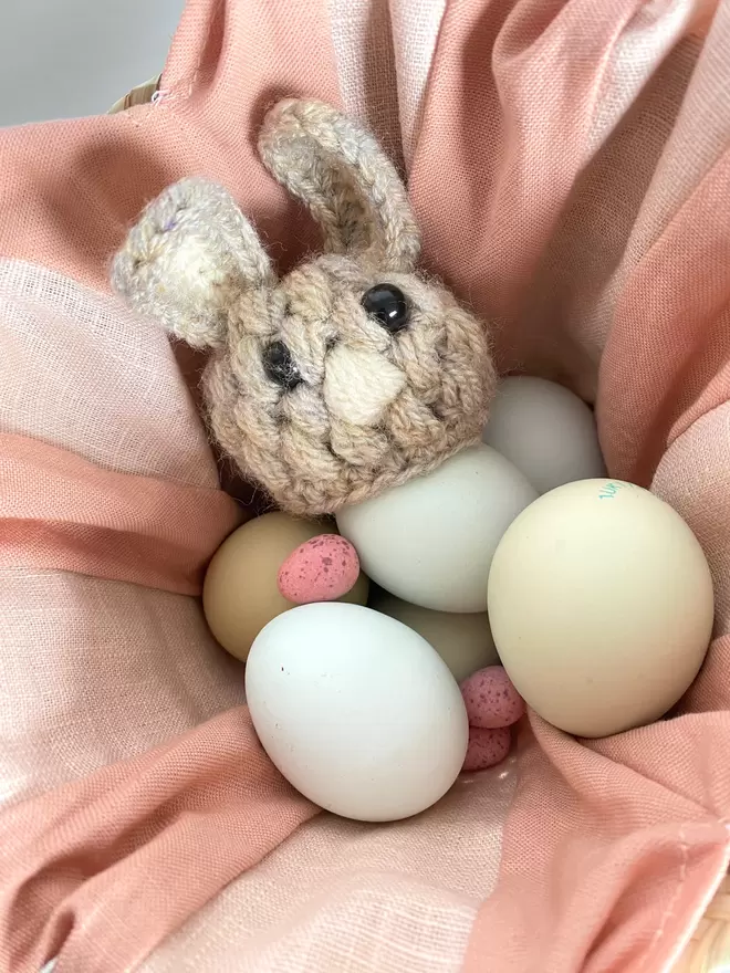 hand crocheted rabbit egg cosy