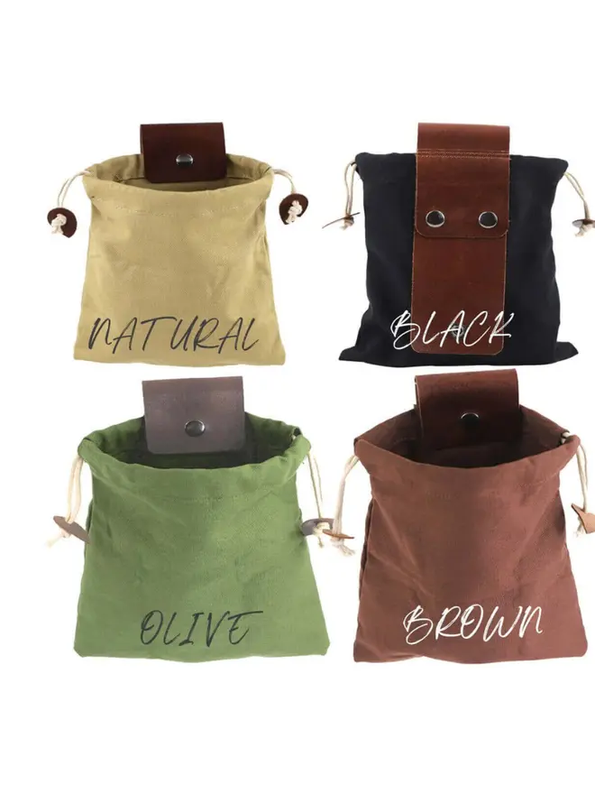 Four canvas foraging pouches shown in a grid layout to display color options: Natural, Black, Olive, and Brown.