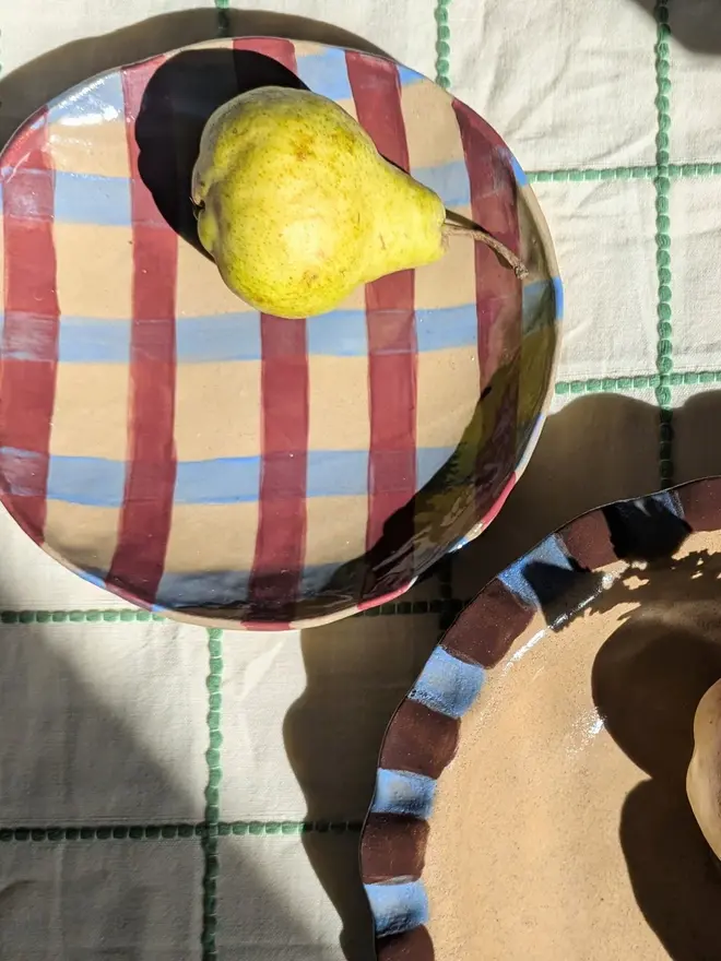 Baby Blue & Burgundy Round Gingham Serving Bowl
