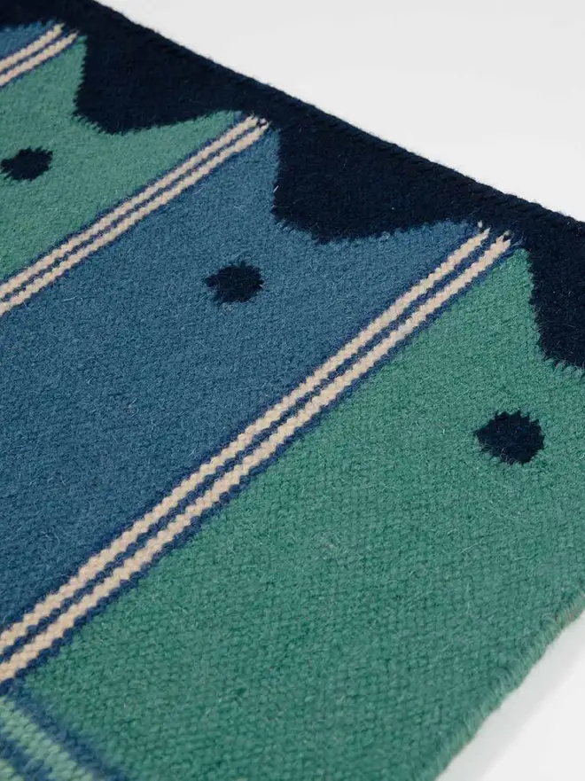 Ladder Flatweave Runner Rug, a colourful rug sitting on a white surface. 