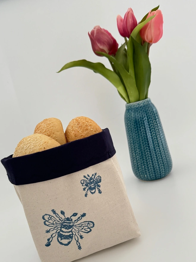 Bee Block Printed Fabric Bread Basket