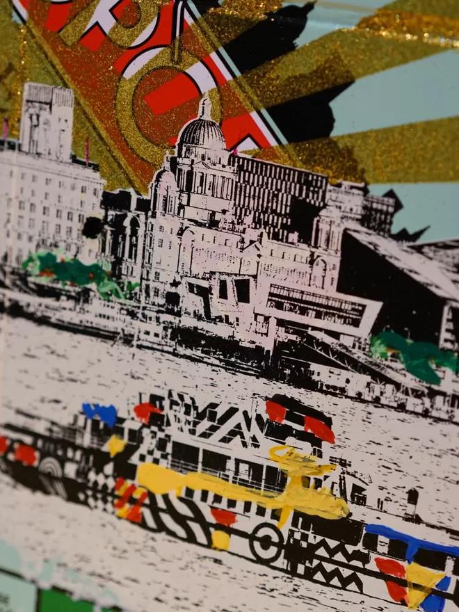 Close crop of a Monopoly Board with a ferry on the River Mersey printed on top with colour design 