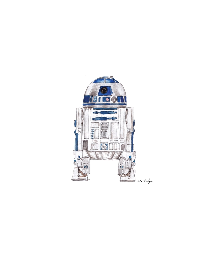 Hand drawn and painted watercolour illustration of R2D2 with a detailed yet organic and slightly loose style. The painting is a small illustration sitting on a white background.