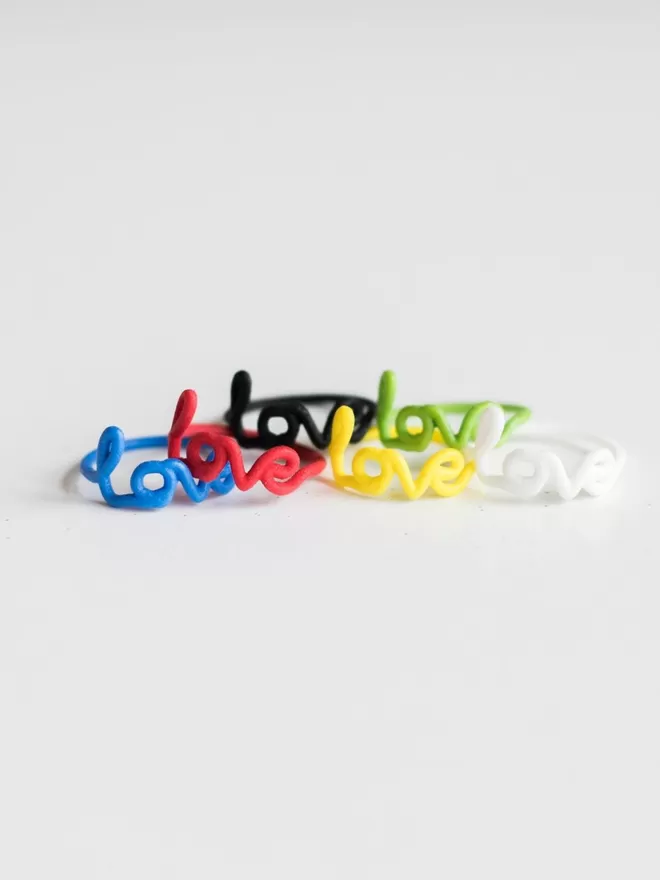 Zoe Sherwood Love Rings in multiple colours.