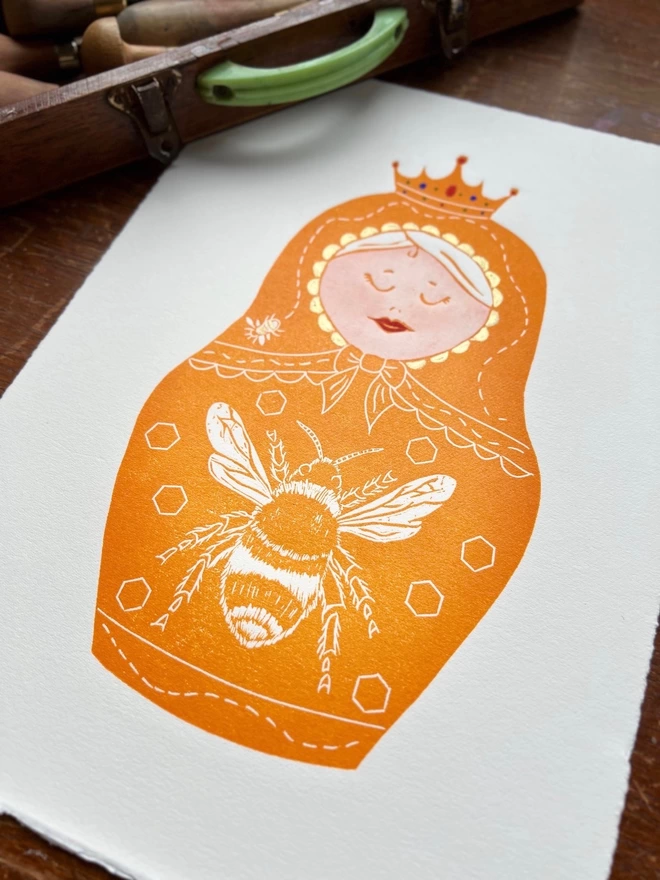 queen bee matryoshka doll linocut print