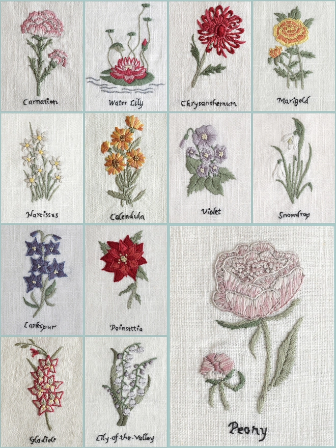 Embroidered: Carnation, Water Lily, Chrysanthemum, Marigold, Narcissus, Calendula, Violet, Snowdrop, Larkspur, Poinsettia, Peony, Gladioli and Lily-of-the-Valley.