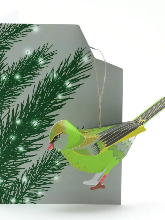 christmas card with pop up greenfinch decoration