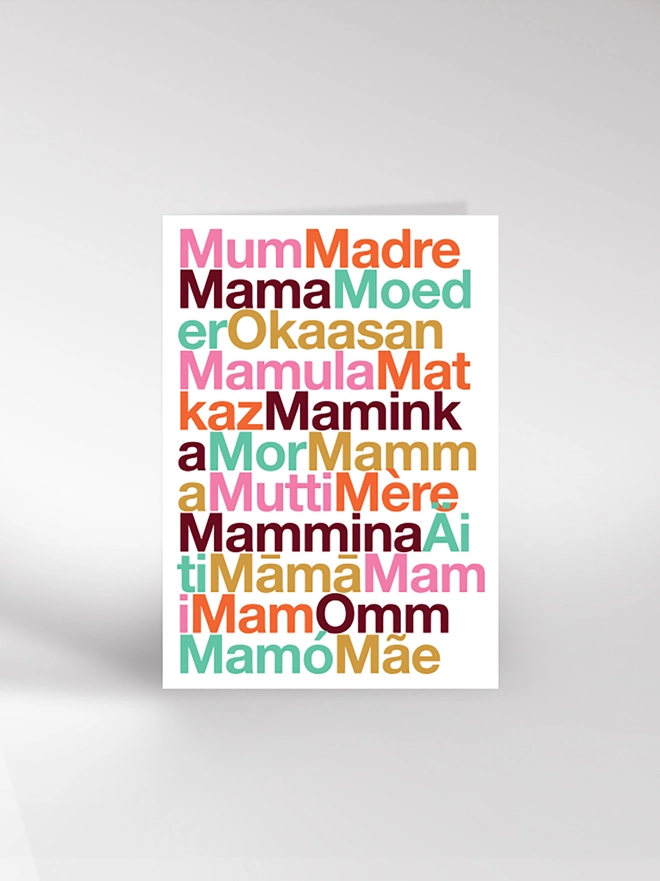 A typographic Mother's Day card featuring the word 'Mum' in different languages