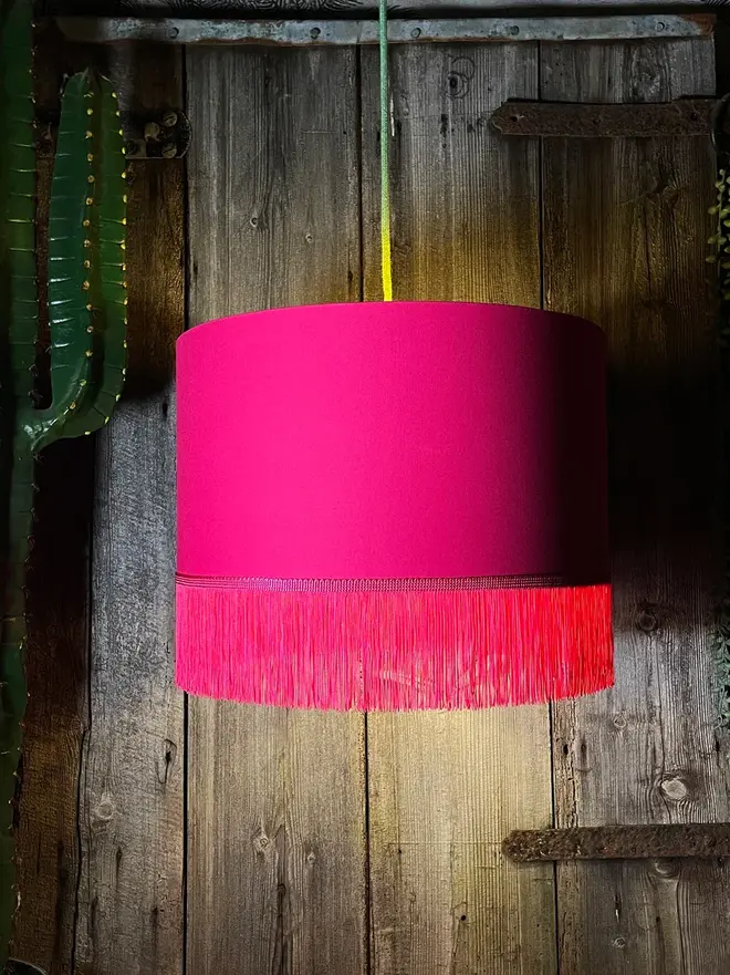 Pomegranate Pink Lampshade With Gold Lining & Pink Fringing, hanging. 