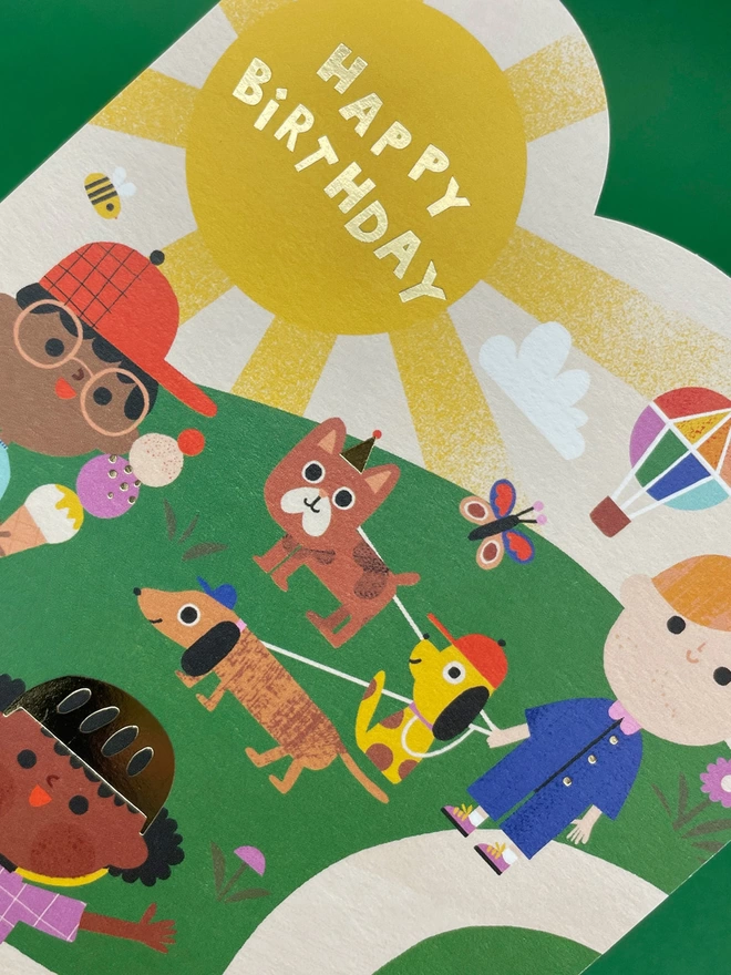 A closer look at the gold foil details on the colourful children’s birthday card