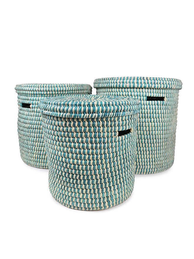 set of three turquoise check laundry baskets with lids