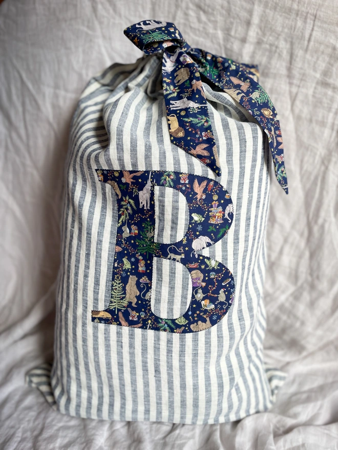 Navy Stripe Gift Sack Liberty Print Letter