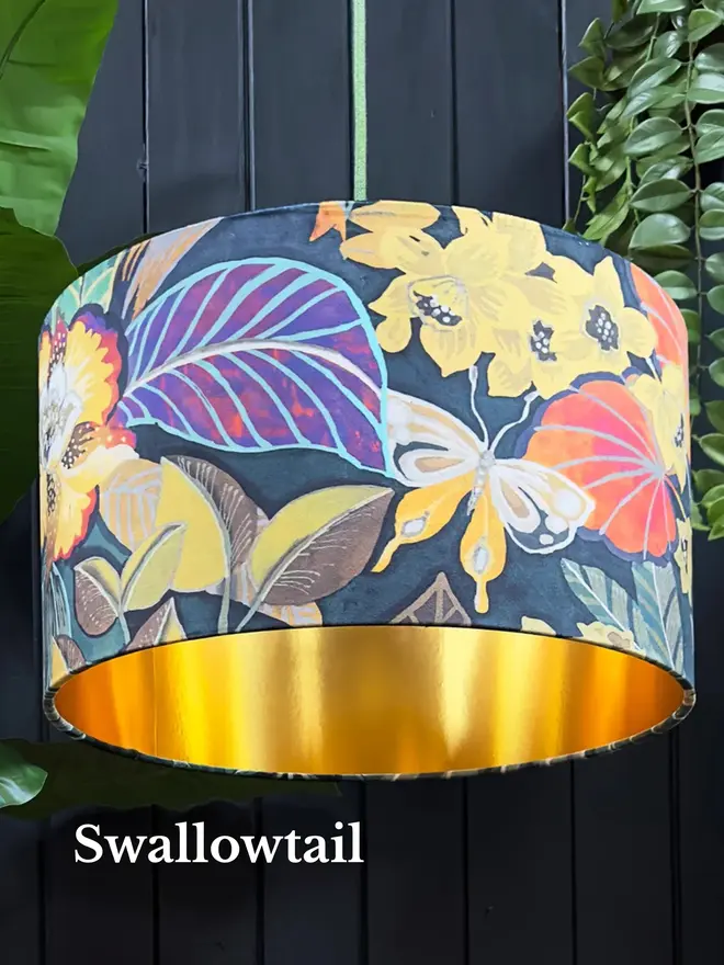 Swallowtail butterfly velvet lampshade with tropical flowers and gold lining