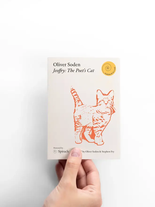 Jeoffry: The Poet's Cat By Oliver Soden Audiobook In A Card, on a white background. 