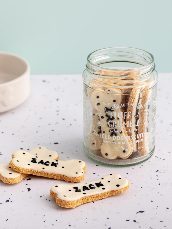 spotted personalised iced dog biscuits with jar