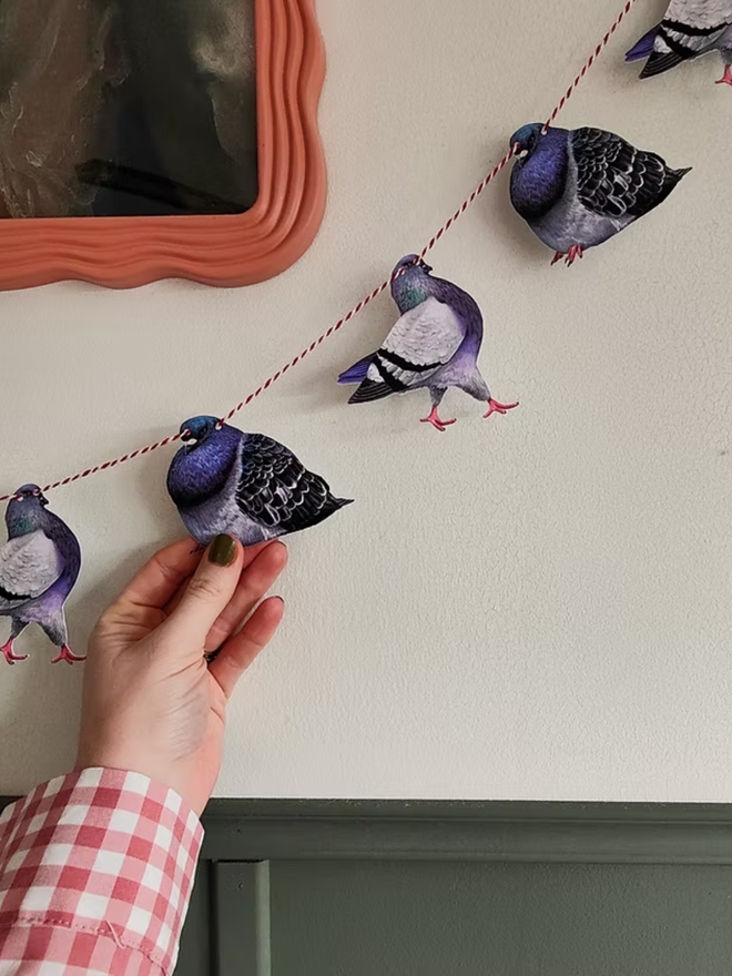 illustrated pigeon garland. pigeons on bunting hung on a wall.