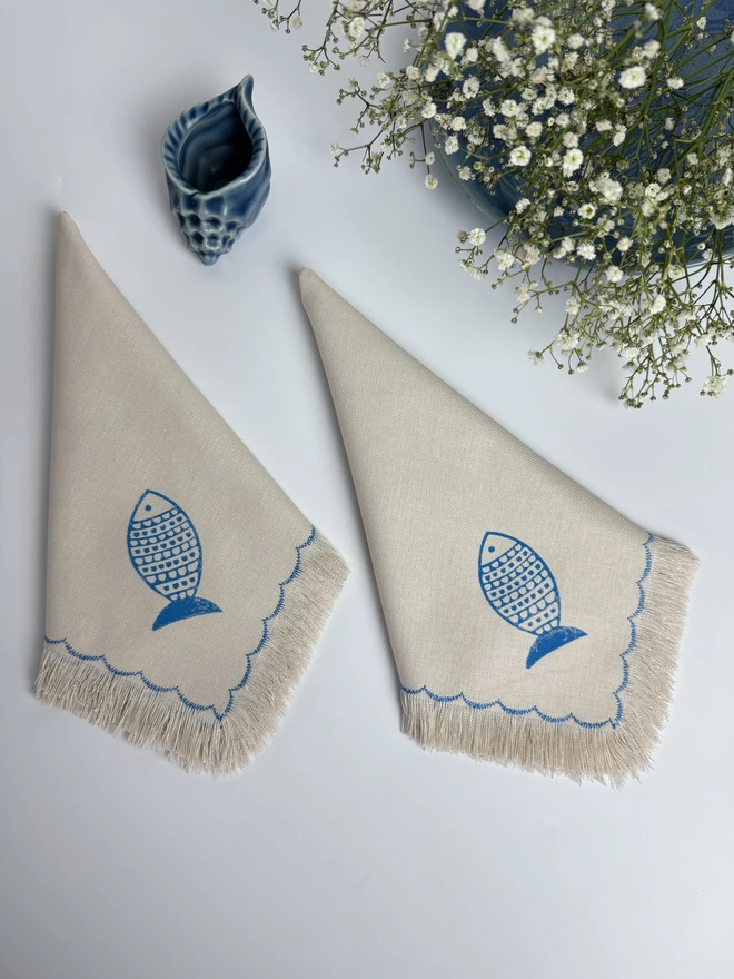 Blue Fish Block Printed Cloth Napkins (Set of 2)