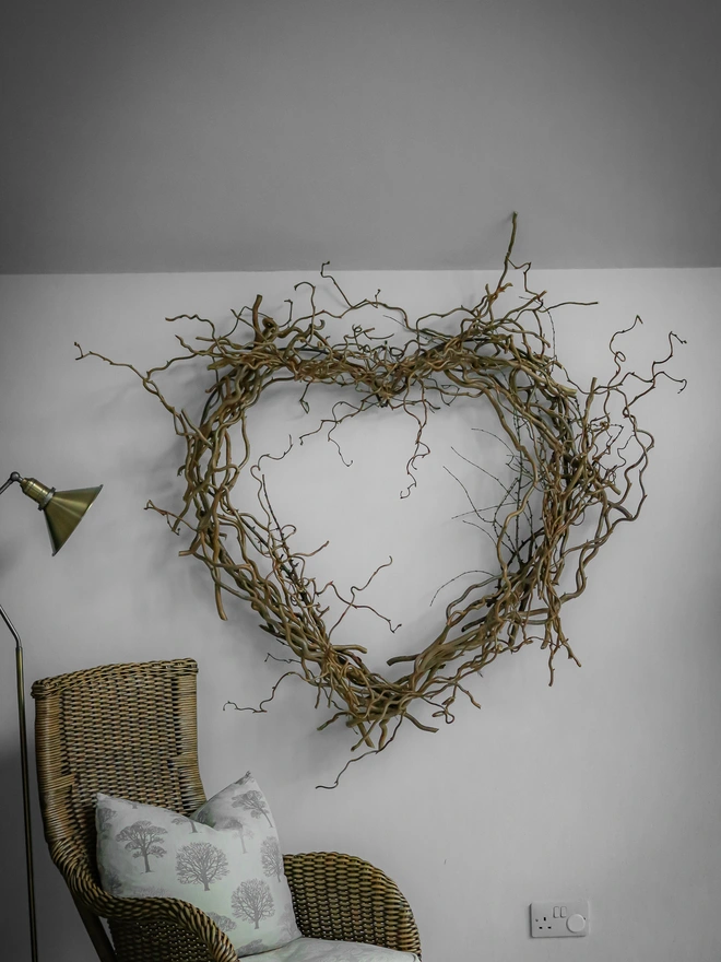 heart shaped wreath made from dried willow branches