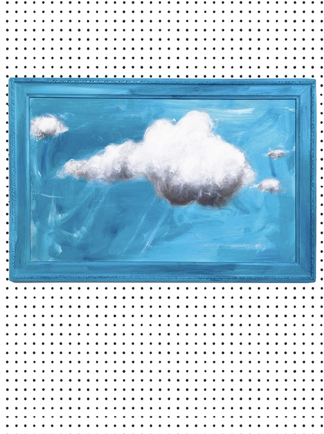 large cloud painting in turquoise painted directly onto a frame