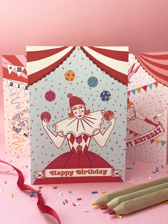 Circus Juggler Birthday Card with pink background