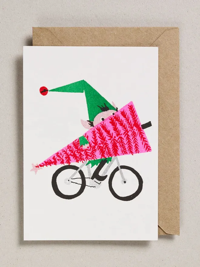 Elf Christmas Tree On A Bike Card