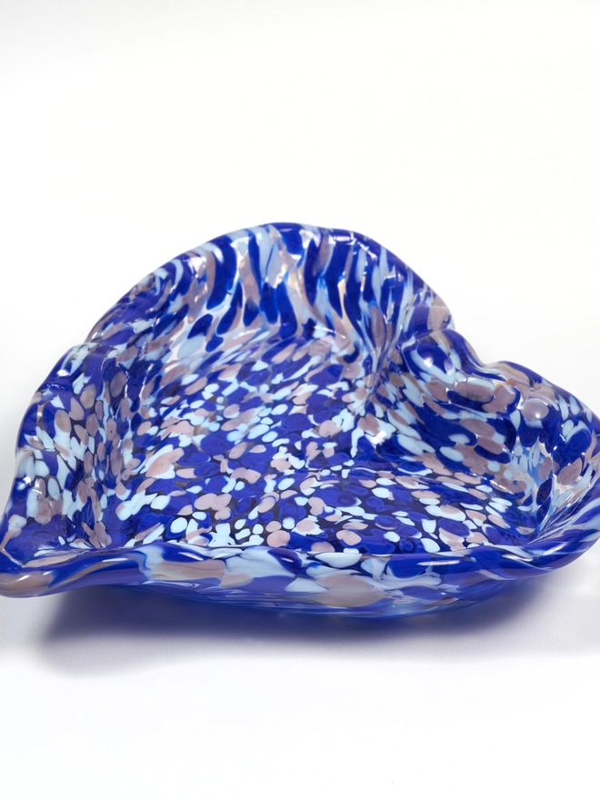 handmade Murano glass trinket dish heart shaped with blue