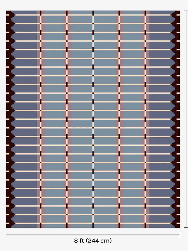 Corbie Flatweave Rug, a colourful rug sitting on a white plain surface with dimensions. 