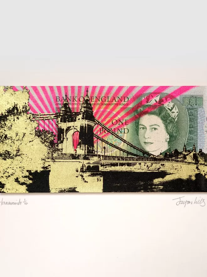 One pound British Bank Note with image of Hammersmith Bridge printed on top of it 