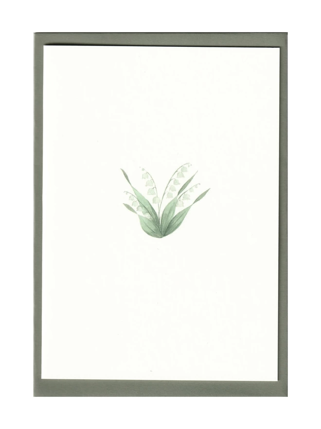 Greetings card with a watercolour illustration of a Lily of the Valley plant with an olive green envelope