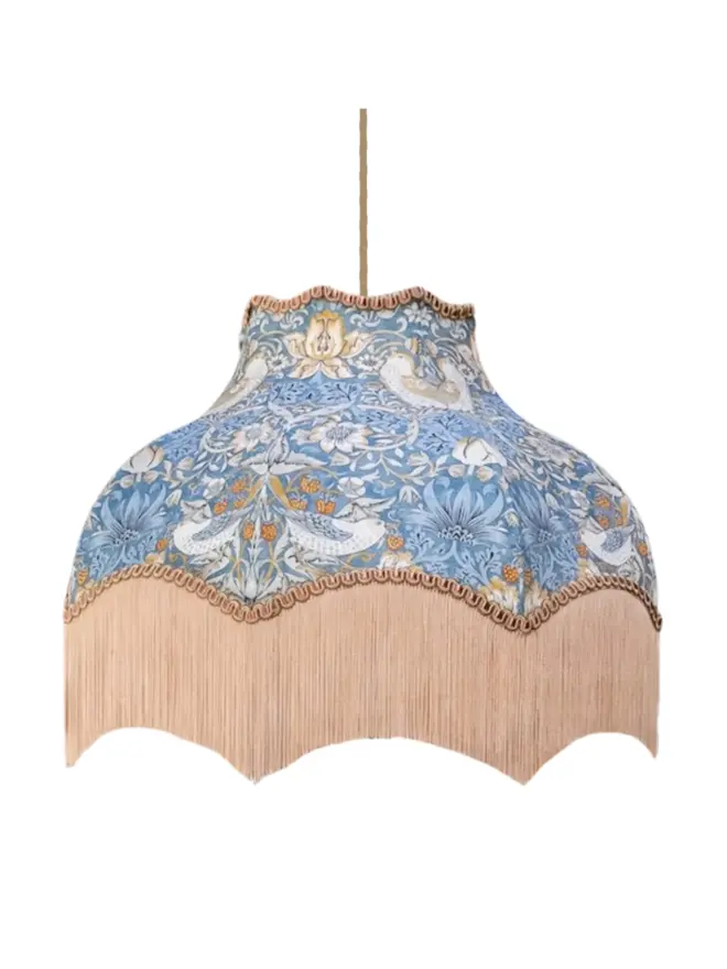 William Morris Strawberry Thief Fringed Lampshade Blue