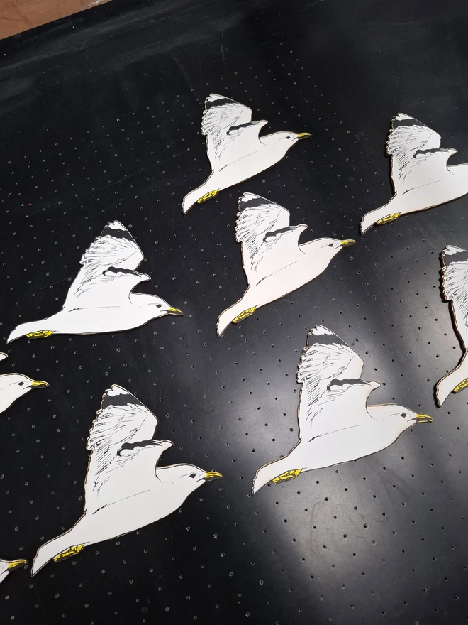 Seagulls laid out on the vacuum bed after being screen printed