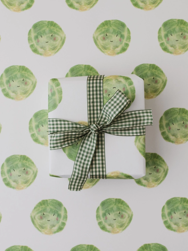 white background illustrated Brussel sprout wrapping paper