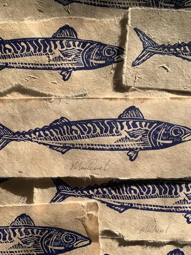 Lino Print Mackerel Fish Handmade Paper