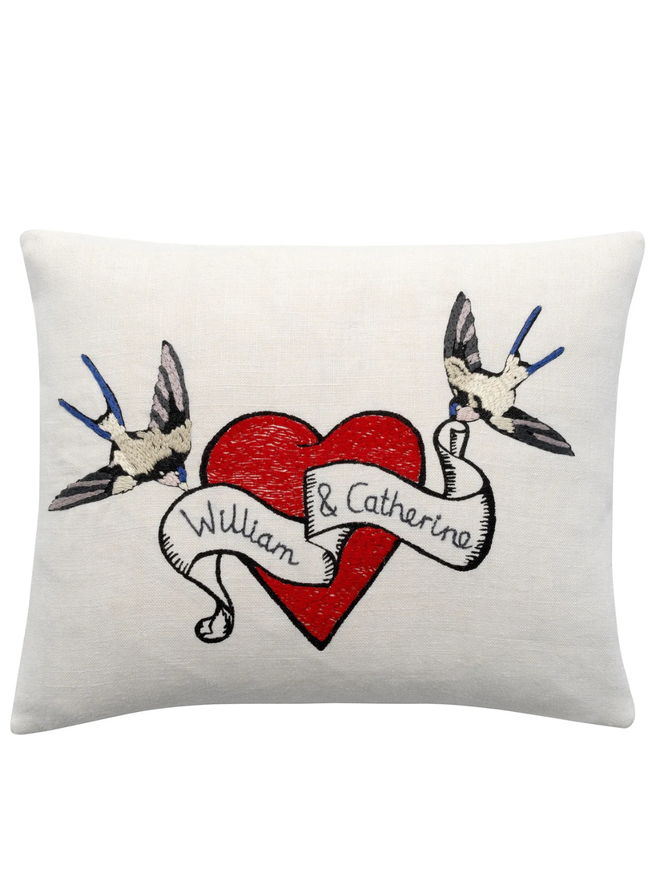 personalised birds & hearts cushion