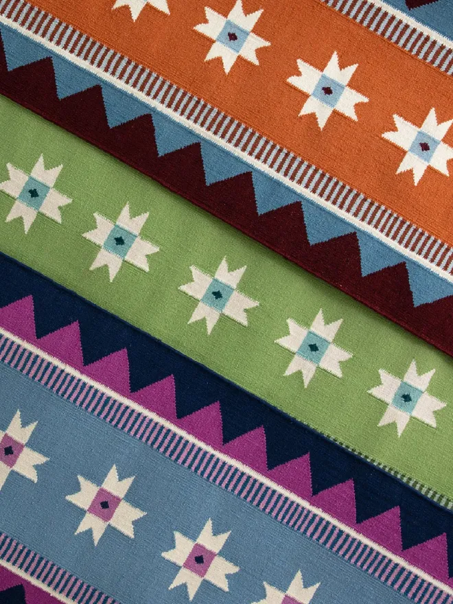 Victoria Flatweave Runner Rugs in Blue, Green and Orange