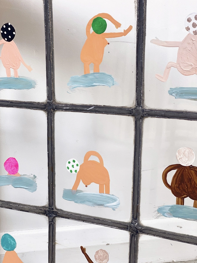 18 whimsical swimmers painted on old window stretching in the nude. Funny, quirky and playful