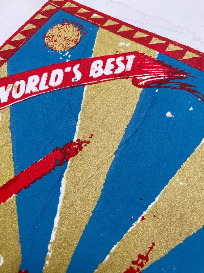 Bring a touch of nostalgic British charm to your space with this striking London Brights limited edition screen-print, inspired by the bold graphics of fireworks labels.     Featuring a vibrant palette of red, blue, and gold, the design showcases dramatic sunburst rays and retro typography, capturing the energy and character of classic mid-century advertising.      Each print includes the artist’s signature and edition number, this piece is perfect for lovers of London, vintage design, and unique statement art.