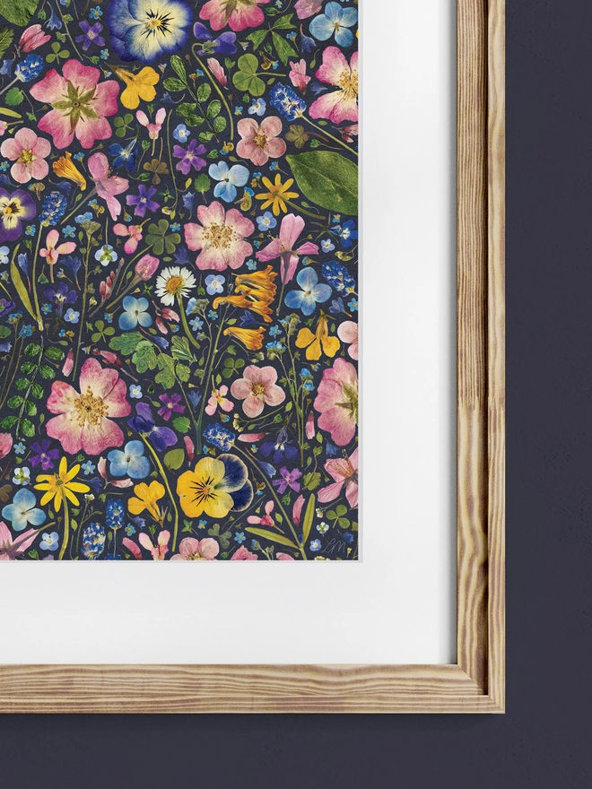 Pressed flower digital print on a dark, ink background, in a wood frame.