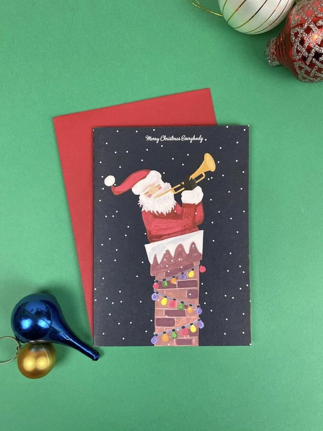 'Merry Christmas Everybody' Santa In Chimney Christmas Card