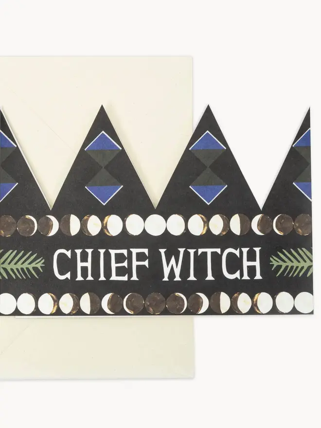 black crown shaped card with 'chief witch' text