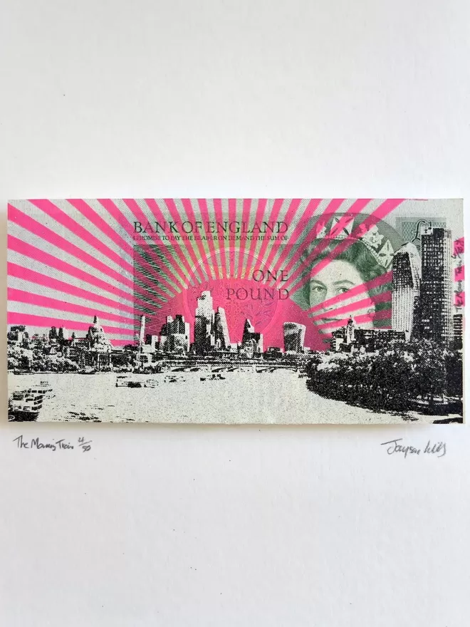One pound British Bank Note with London view across the River Thames printed on top with glitter and pink rays 