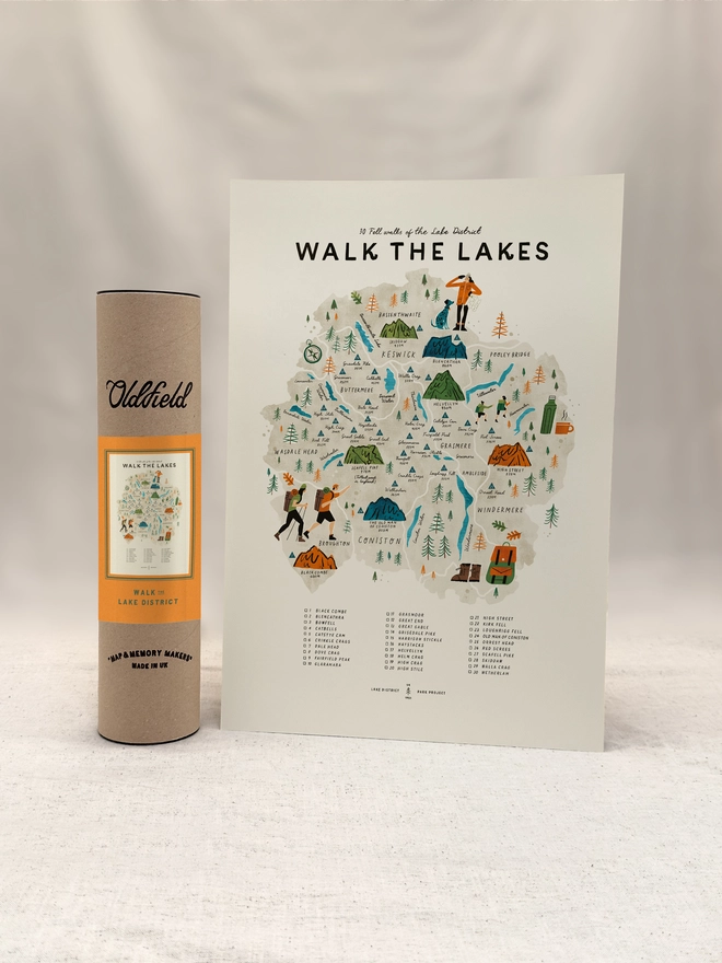 Walk the Lakes map print with tube packaging
