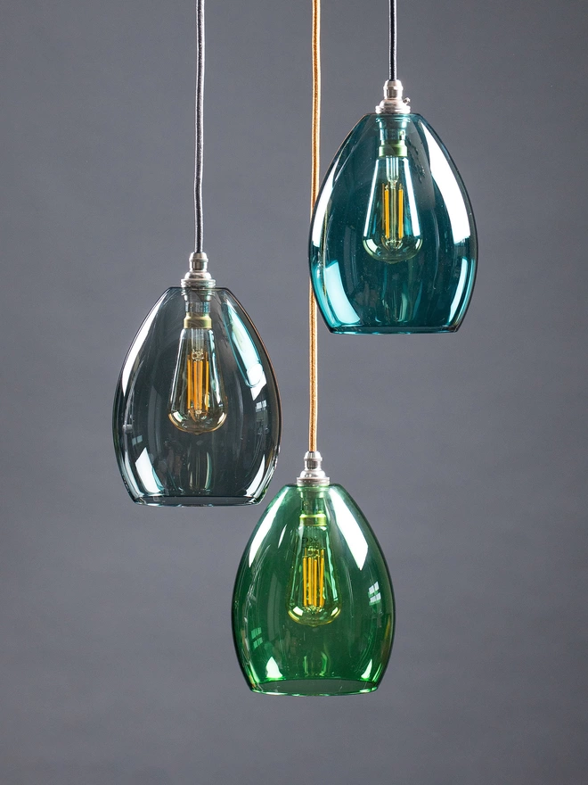 3 Way Medium Coloured Glass Bertie Chandelier Cluster Light Shown In Teal, Green & Smoke