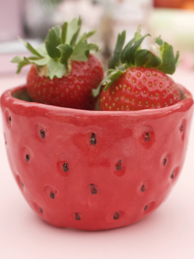 Bright red strawberry pot handmade stoneware pottery