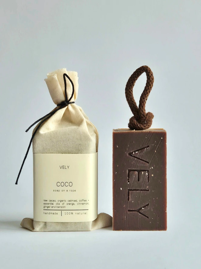 soap on a rope "Coco" with coffee and raw cacao