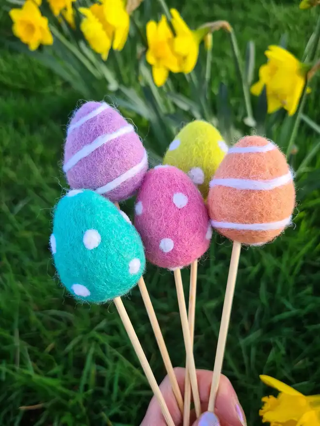 felt Easter eggs on bamboo sticks