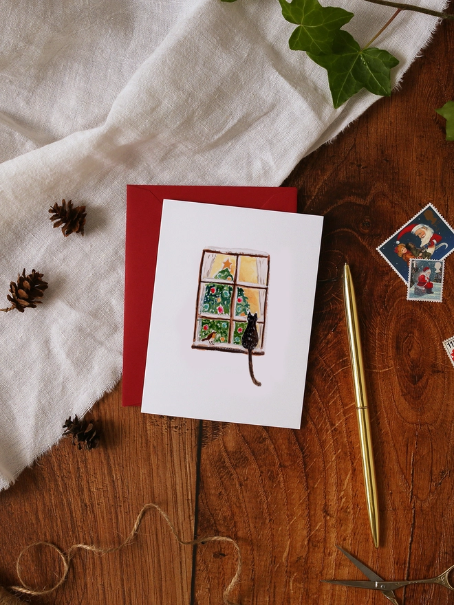 Winter Window Cat and Robin Mini Christmas Card