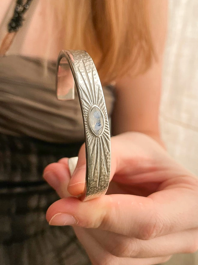 Luna Engraved Moonstone Silver Bracelet Cuff